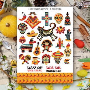 Tag der Toten Planer Aufkleber, Tag der Toten Bujo Aufkleber, Halloween Scrapbooking Aufkleber, Mexikanische Feiertag Aufkleber. H-100