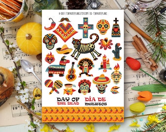 Day of the Dead Planner Stickers, Day of the dead Bujo Stickers, Halloween Scrapbooking Stickers, Mexican Holiday Stickers. H-100