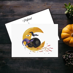 Teethy Cat Dream Postcard, Cat Postcard For Postcrossing, Cat Penpal Postcard, Cute Black Cat And Ghosts Postcard. AC-167