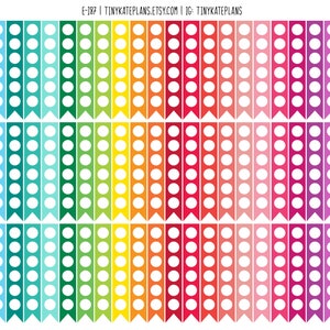 May include: A set of 16 colorful planner stickers with white circles. Each sticker has a different color and a row of 10 circles. The colors are blue, teal, green, yellow, orange, red, pink, purple, and lavender.