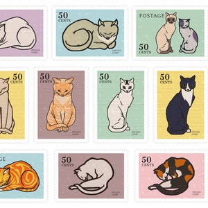 10 Vintage Cat Stamp Stickers, Vintage Inspired Stickers, Retro Cat Stickers, Bullet Journal Cat Stickers, Junk Journal Cat Stickers. VT-104