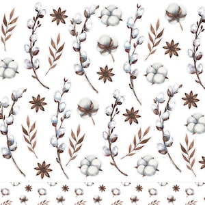 May include: A digital paper pack with watercolor illustrations of white cotton blossoms, brown willow branches, and star anise. The illustrations are on a white background. The pack includes a repeating pattern of the illustrations.