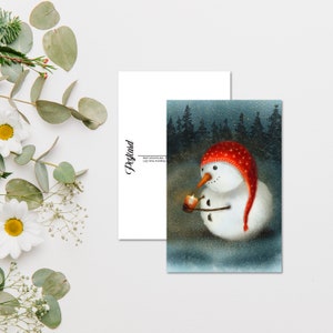 Carte postale aquarelle bonhomme de neige avec bougie, impression de carte postale d'hiver pour les traversées, carte postale de Noël bonhomme de neige pour correspondance. AC-113