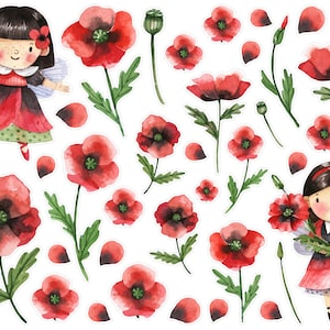 Aquarell Mohnblumen Mädchen Planner Aufkleber, Sommer Planner Aufkleber, Blumen Aufkleber, rote Blume Bullet Journal Planner Aufkleber. J-152