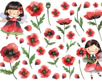 Pegatinas del planificador de la muchacha de la flor de la amapola de la acuarela, pegatinas del planificador del verano, pegatinas florales, pegatinas del planificador del diario de la bala de la flor roja. J-152