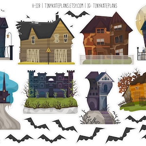 May include: Set of 8 printable Halloween house stickers featuring various spooky and dilapidated houses, including a gothic church, a crumbling mansion, and a haunted castle. The stickers are perfect for adding a touch of Halloween charm to your home decor.