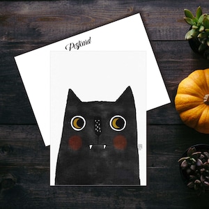 Teethy Cat Postcard, Cat Postcard For Postcrossing, Cat Penpal Postcard, Cute Black Cat And Bats Postcard. AC-222