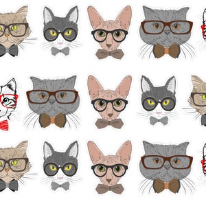 Cute Cat Faces In Glasses Planner Stickers, Cat Lover Planner Stickers, Cat Bullet Journal Stickers, Funny Cats Bujo Stickers. A-153