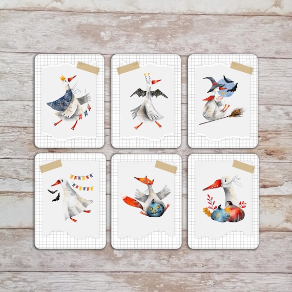 Tipin Art Card Set of 6, Halloween Geese 3x4 Card Prints For Journalinging, Journaling Mini Art Cards, Christmas Art Tipins. TI-105