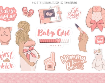 May include: A set of pink and white baby shower stickers featuring a pregnant woman, a baby girl loading bar, a unicorn, a baby onesie, and other baby shower themed illustrations. The text "Baby Girl" and "It's a Girl" are included in the image.