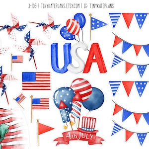 Stickers aquarelle 4 juillet, stickers été, stickers fête de l'indépendance, stickers Bujo 4 juillet. J-105