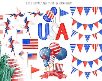 Watercolor 4th Of July Planner Stickers, Summer Planner Stickers, Independence Day Planner Stickers, 4th Of July Bujo Stickers. J-105