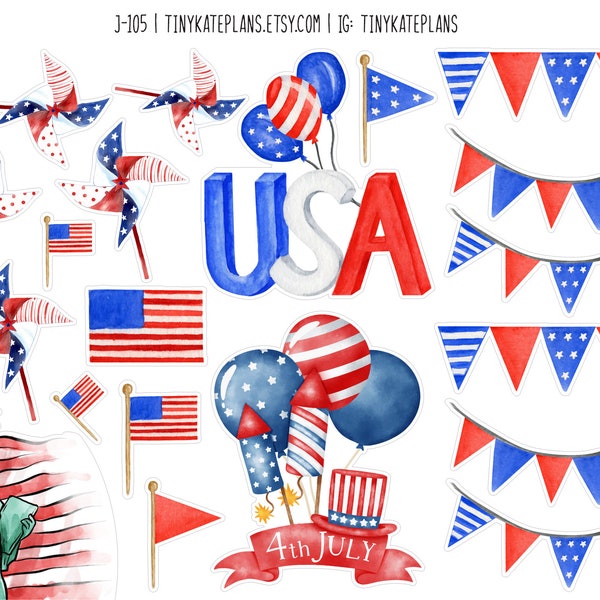 Watercolor 4th Of July Planner Stickers, Summer Planner Stickers, Independence Day Planner Stickers, 4th Of July Bujo Stickers. J-105