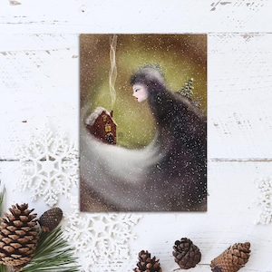 Cartolina della Regina delle Nevi, Stampa di cartoline invernali per Postcrossing, Ragazza di Natale nei boschi, Cartolina di Natale stravagante per amico di penna. AC-169