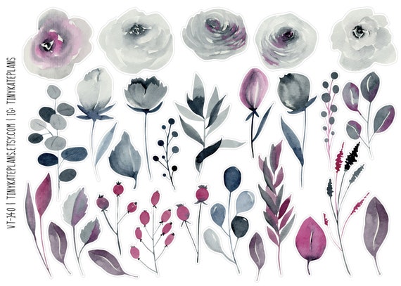 Vintage Inspired Furple Floral Stickers for Junk Journals, Penpals