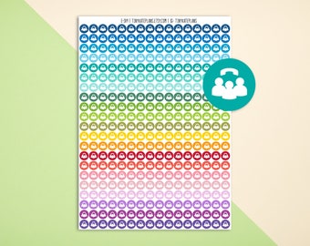 May include: A sheet of colorful stickers with a group of three people icon in each circle. The stickers are arranged in rows of 10, with each row featuring a different color. The colors include blue, green, yellow, orange, red, pink, purple, and gray. The sheet is labeled "E-194 | TINYKATEPLANS.ETSY.COM | TINYKATEPLANS".