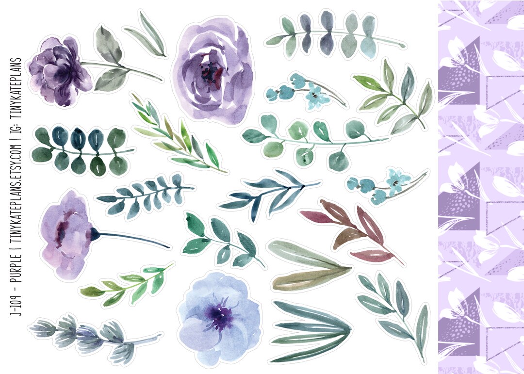 Watercolor Purple Floral Planner Stickers, Flower Planner Stickers ...