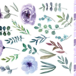 Aquarell Lila Blumen Sticker, Blumen Planner Sticker, Lila, Pink, Weiß Blumen Sticker, Bullet Journal Sticker. J-167