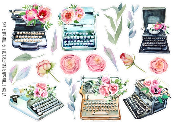 Acuarela Máquinas de escribir vintage y pegatinas florales