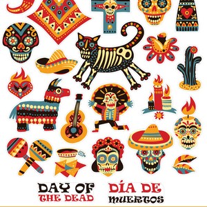 May include: A set of colorful Day of the Dead stickers featuring various traditional Mexican symbols, including skulls, a cat skeleton, a guitar, a maraca, a sombrero, a pinata, candles, and a cactus. The stickers also include the text "Day of the Dead" and "D&iacute;a de Muertos".