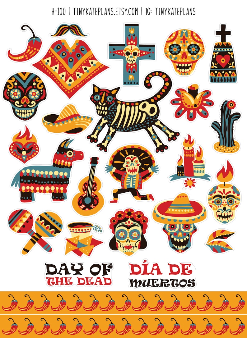 May include: A set of colorful Day of the Dead stickers featuring various traditional Mexican symbols, including skulls, a cat skeleton, a guitar, a maraca, a sombrero, a pinata, candles, and a cactus. The stickers also include the text "Day of the Dead" and "D&iacute;a de Muertos".