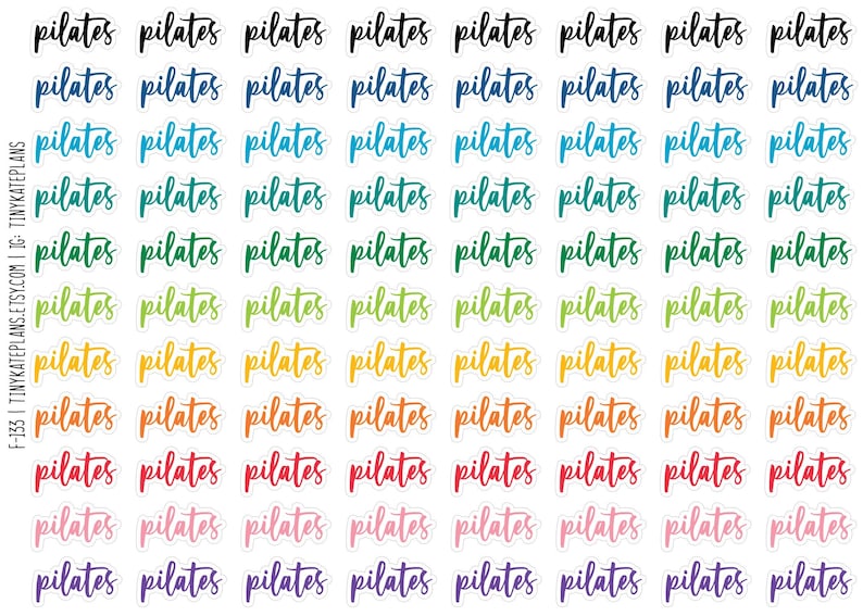 May include: A sheet of colorful stickers with the word "pilates" written in a variety of fonts and colors. The stickers are arranged in a grid pattern.
