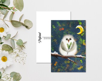 Watercolor Winter Owl Postcard, Animal Postcard Print For Postcrossing, Whimsical Owl Penpal Postcard, Forest Bird Animal Postcards. AC-105