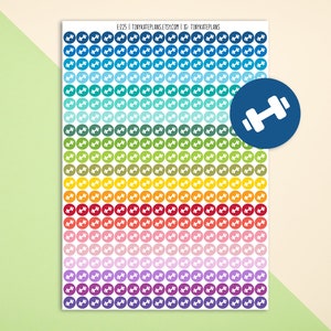 May include: A sheet of colorful round stickers with a white dumbbell icon on each sticker. The stickers are arranged in rows of 10, with each row featuring a different color. The colors are blue, teal, green, yellow, orange, red, pink, purple, and gray. The sheet is labeled "E225 | TINYKATEPLANS.ETSY.COM | IG: TINYKATEPLANS".