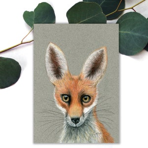 Carte postale renard aux longues oreilles, carte postale art animalier pastel pastel, carte postale correspondance renard, carte postale art animalier de la forêt, carte pastel pastel. ANC-101