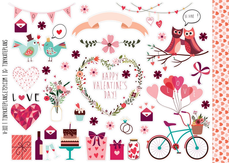 May include: A set of Valentine's Day themed digital stickers featuring hearts, flowers, birds, owls, a bicycle, a cake, a gift box, a wine bottle, and a bouquet of flowers. The stickers are in pink, red, white, and green colors. The text "Happy Valentine's Day!" is included in the image.