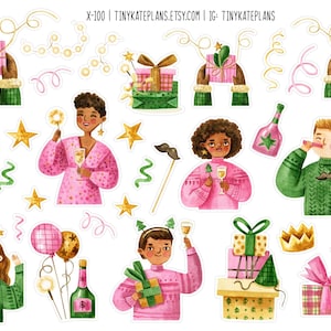 New Year Celebration Planner Stickers, Pink & Green Planner Stickers, Christmas Planner Stickers, Christmas Bullet Journal Stickers. X-100