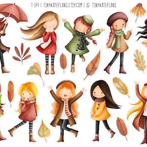Stickers aquarelle fille automne, stickers automne douillet, stickers feuilles d'automne, stickers fille mignonne Bullet Journal. T-179