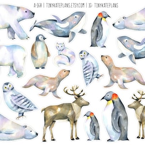Aquarel Arctische dierenplannerstickers, schattige dierenstickers, dierlijke plakboeksticker, penpal dierenstickers, happy mail sticker. A-168