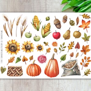 May include: A sheet of fall-themed stickers featuring watercolor illustrations of pumpkins, sunflowers, apples, acorns, leaves, and wheat. The stickers are in shades of orange, yellow, green, and brown. The text "T-198 | TINYKATEPLANS.ETSY.COM | IG: TINYKATEPLANS" is visible.