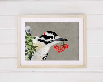 Downy Woodpecker Art Print, Red Bird Art Print, Colorful Bird Art Print, Woodpecker Bird Illustration Print, Bird Art Wall Decor AP-148
