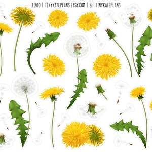 Pegatinas del planificador de flores de diente de León, pequeñas pegatinas del planificador floral, pegatinas del planificador botánico, pegatinas del diario de balas de flores amarillas. J-200