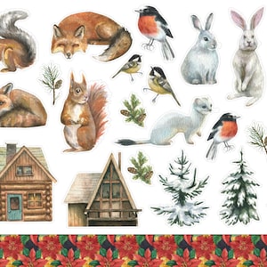 Stickers aquarelle sapins de Noël et animaux, animal aquarelle, autocollant d'agenda d'hiver confortable, autocollant de journal d'arbre de Noël. X-170