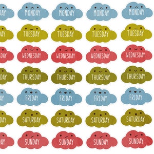 May include: Sheet of planner stickers featuring cloud shapes with the days of the week and "To Do" labels. The stickers are in various colors, including blue, green, red, and yellow. The text "TINYKATEPLANS.ETSY.COM" is visible.