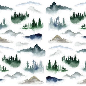 May include: A set of 16 watercolor stickers featuring misty mountains, forests, and clouds. The stickers are perfect for adding a touch of nature to planners, journals, and other craft projects.