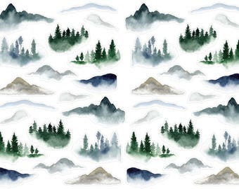 May include: A set of 16 watercolor stickers featuring misty mountains, forests, and clouds. The stickers are perfect for adding a touch of nature to planners, journals, and other craft projects.