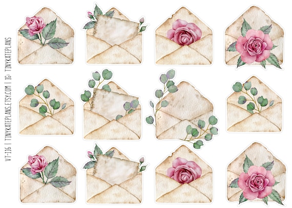 12 Vintage Envelopes With Roses Stickers, Vintage Floral Scrapbook  Stickers, Watercolor Stickers, Vintage Ephemera Stickers. VT-116