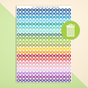 May include: A sheet of colorful round stickers with a trash can icon on each sticker. The stickers are arranged in rows of 10, with each row a different color. The colors are blue, teal, green, yellow, orange, red, pink, purple, and gray. The sheet is printed with the text "E-142 | TINYKATEPLANS.ETSY.COM | #TINYKATEPLANS".