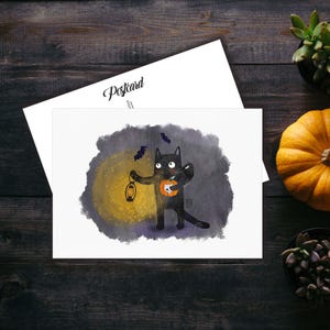 Teethy Cat Light Postcard, Cat Postcard For Postcrossing, Cat Penpal Postcard, Cute Black Cat And Bats Postcard. AC-217