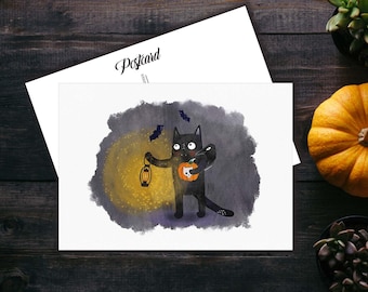 Teethy Cat Light Postcard, Cat Postcard For Postcrossing, Cat Penpal Postcard, Cute Black Cat And Bats Postcard. AC-217