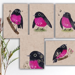 Ensemble de cartes postales rose rouge-gorge, autocollants rose rouge-gorge, carte postale correspondant oiseau, autocollants colorés oiseau rouge-gorge, impression d'art oiseau mignon aquarelle. SBC-110
