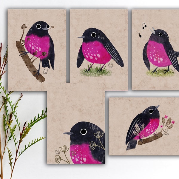 Pink Robin Postcard Set, Pink Robin Stickers, Bird Penpal Postcard, Colorful Robin Bird Stickers, Watercolor Cute Bird Art Print. SBC-110