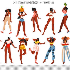 May include: A set of 12 colorful digital stickers featuring illustrations of women in various summer outfits. The stickers include women wearing bikinis, dresses, shorts, and pants. The stickers are perfect for adding a touch of fun and personality to your digital projects.