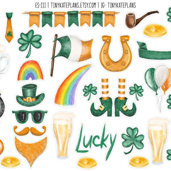 Watercolor Saint Patrick's Day Planner Stickers, St. Patricks Garland Planner Stickers, Spring Bullet Journal Stickers. ES-111.