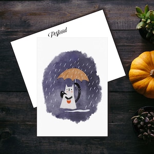 Teethy Cat Ghost Postcard, Cat Postcard For Postcrossing, Cat Penpal Postcard, Cute Black Cat And Ghosts Postcard. AC-220