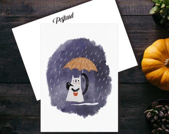 Teethy Cat Ghost Postcard, Cat Postcard For Postcrossing, Cat Penpal Postcard, Cute Black Cat And Ghosts Postcard. AC-220
